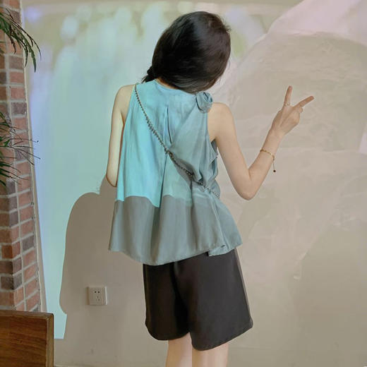 西遇法式吊带上衣女夏季新款系带蝴蝶结蓝色宽松薄款衬衣SS050549 商品图4