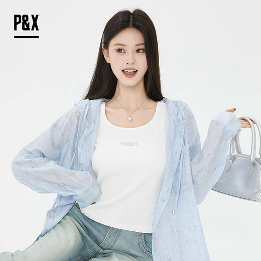 P&X设计师女装2025夏款两件套上衣衬衫轻薄防晒 825215215 蓝/白 商品图1