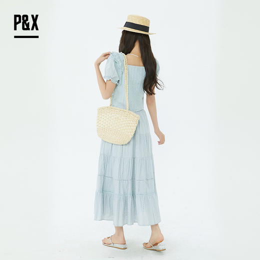 P&X设计师2025夏季分式连衣裙套装甜美泡泡袖长裙825214087 蓝色 商品图4