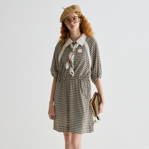 谜底连衣裙五分袖女2025夏季新品复古风通勤格纹中长裙252ML0677 商品图0