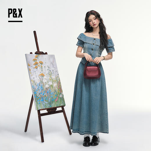 P&X设计师女装 法式一字领荷叶边套装长裙两件套 825214093 蓝色 商品图2