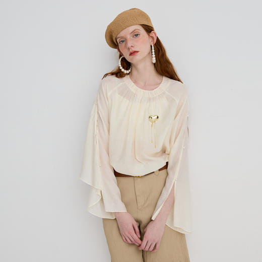 谜底衬衫长袖女2025夏新品通勤不对称袖型宽松轻薄衬衣252MC0505 商品图0
