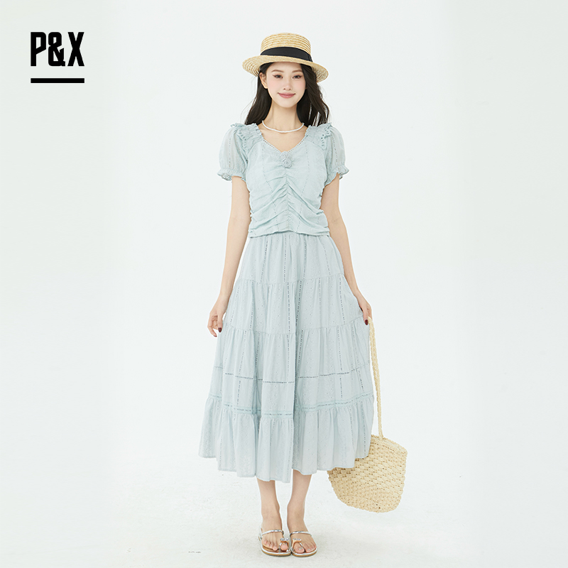P&X设计师2025夏季分式连衣裙套装甜美泡泡袖长裙825214087 蓝色