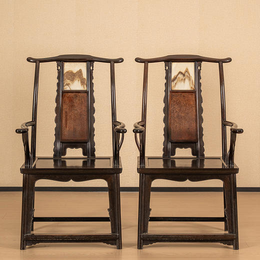 二十世纪 紫檀镶云石及瘿木三攒靠背大四出头官帽椅（一对） 商品图4