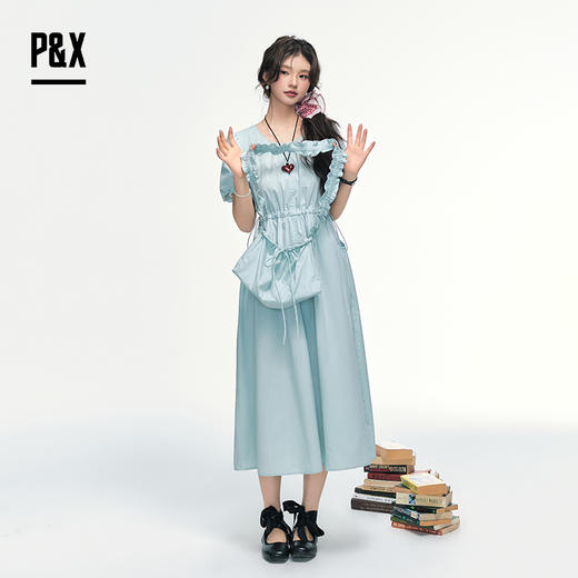 P&X设计师女装 法式少女感泡泡袖梭织连衣长裙收腰825208194 蓝色 商品图1