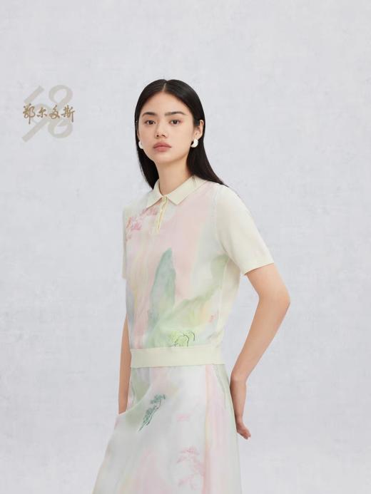 鄂尔多斯1980新品精纺羊毛蚕丝翻领玉石扣印花短袖女针织衫25春夏 商品图2