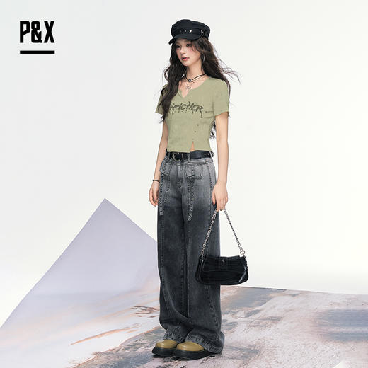 P&X设计师女装 新款甜酷风辣妹字母针织短款T恤 825202262 绿色 商品图4