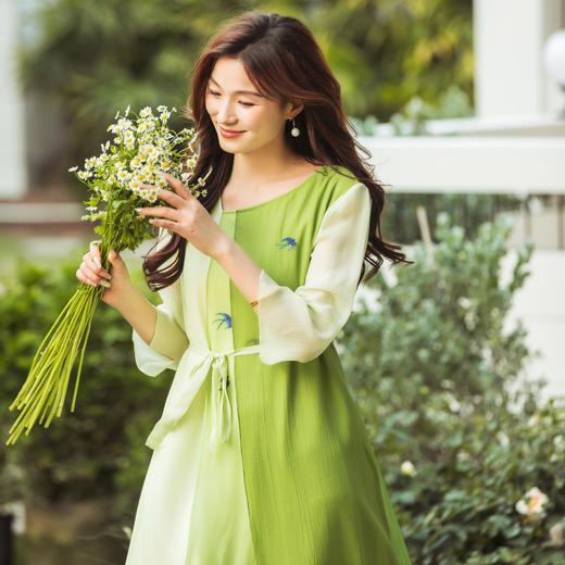 【林栖设计小店】（现货）【林栖推荐】2025年春夏新品浅绿色显瘦气质拼接真丝飞片连衣裙N1952298 商品图5