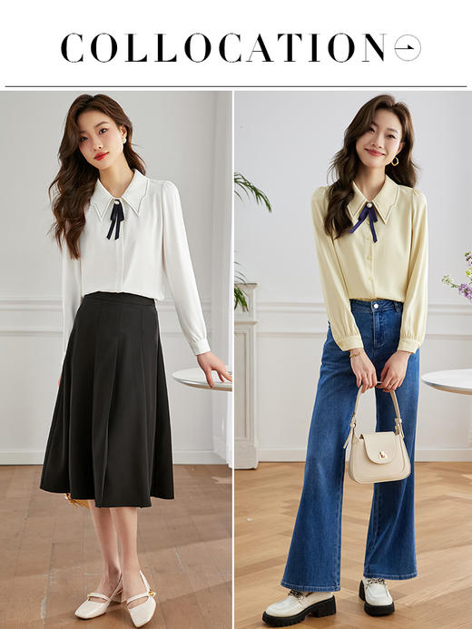 【五折购】熙世界2025春秋新款学院风蝴蝶结衬衫女长袖法式别致白色衬衣上衣 商品图3