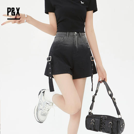 P&X设计师女装 高腰外穿休闲显瘦牛仔短裤 825227178 黑灰 商品图0