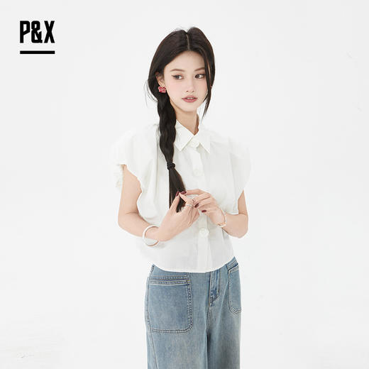 P&X设计师2025夏季新款通勤小众优雅设计感衬衫825205085 白色 商品图3