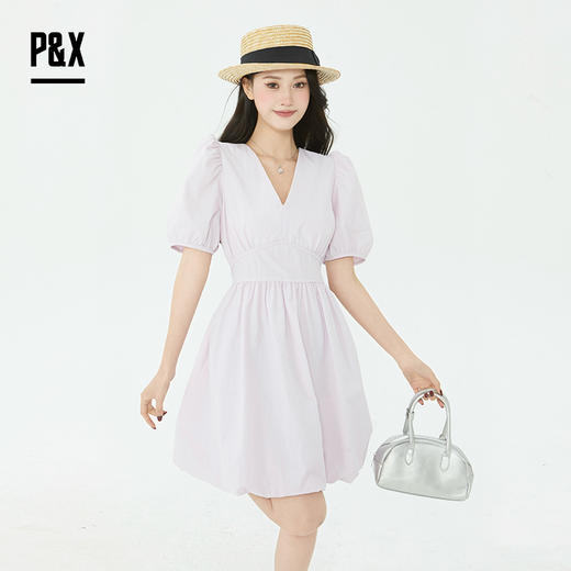 P&X设计师2025夏季新款V领优雅气质小众连衣短裙825208179 紫色 商品图2
