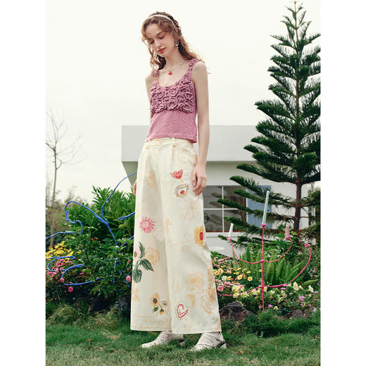 两三事梵高文艺云游芳甸2025夏季新款小清新印花高腰阔腿休闲裤女 商品图1