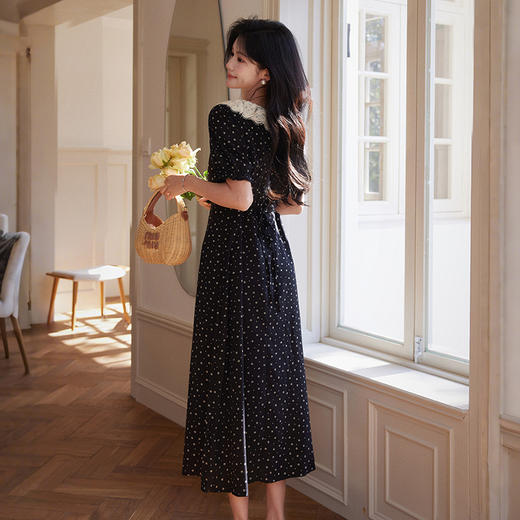 西遇法式波点连衣裙女夏季新款黑色短袖a字收腰花领长裙SS050528 商品图4