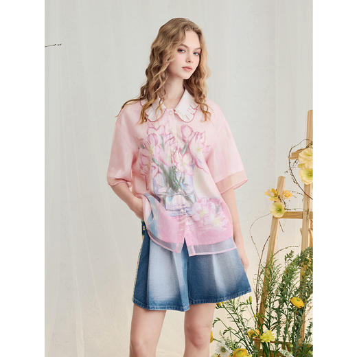 两三事梵高文艺浮梦旖旎2025夏新款网纱拼接印花荷叶边翻领衬衫女 商品图1