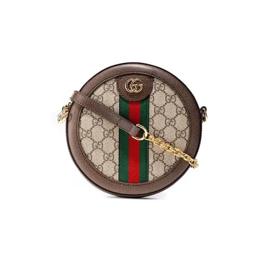 GUCCl古驰 Ophidia 老花Logo条纹织带 帆布拼皮圆饼包链条包单肩斜挎包 迷你女款 乌木色/棕色 商品图0