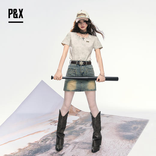 P&X设计师女装 夏季扎染金属装饰针织短款T恤圆领 825202261 绿色 商品图2