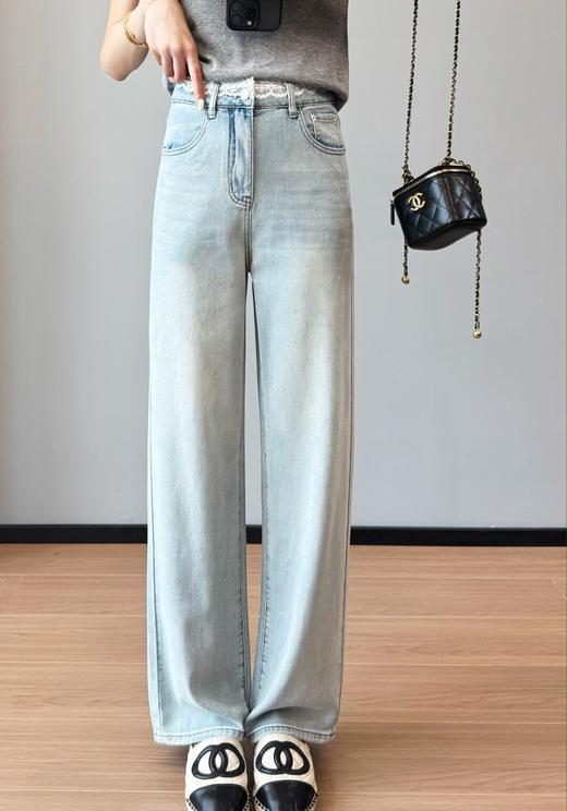 春夏新款特调海灰蓝烫钻蕾丝高腰显腿长四面弹莱赛尔牛仔裤 商品图0