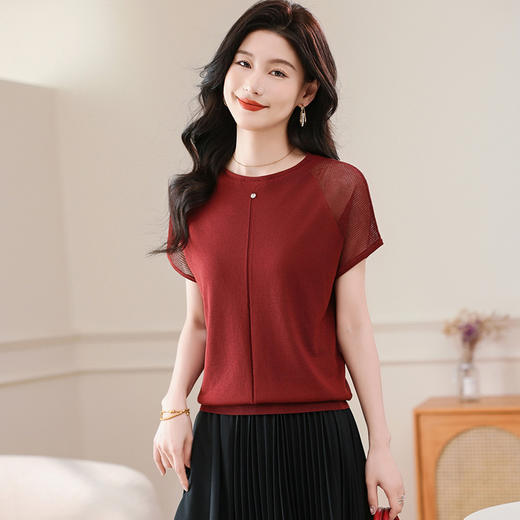 冰丝针织短袖t恤，圆领镂空宽松遮肉显瘦天丝体恤CC-5-6273 商品图0