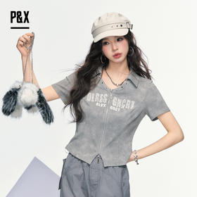 P&X设计师女装 夏季时尚翻领字母印花针织短款T恤 825202243 灰色