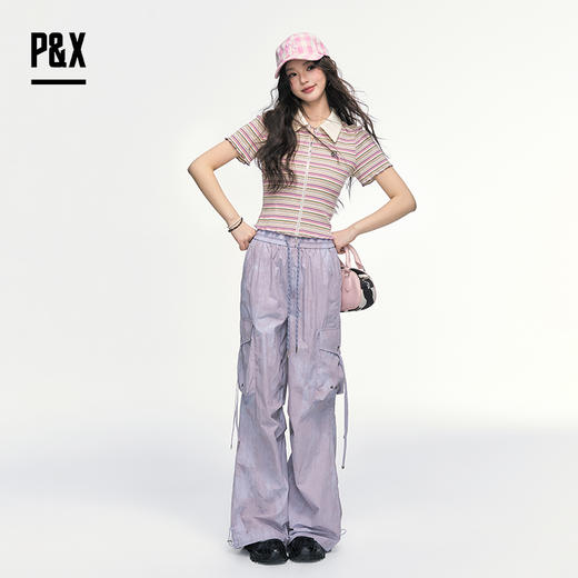 P&X设计师女装 美式抽绳工装梭织休闲长裤宽松显瘦825209215 紫色 商品图1