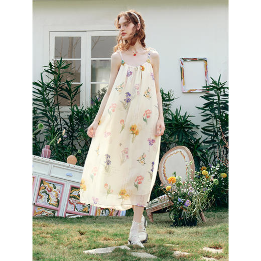 两三事梵高文艺 绻夏微光 2025夏季新款甜美印花泡泡袖两穿连衣裙 商品图3
