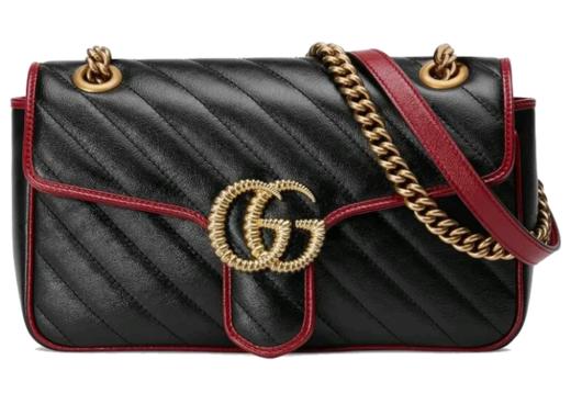 GUCCI古驰 GG Marmont系列 马蒙金标Logo拼色饰边链条 缝皮革 斜挎单肩包 小号 女款黑色红色 商品图0
