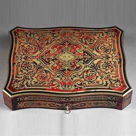 独角鹿西洋古董 19世纪末法国出品配母贝筹码及纸牌古典卷叶纹饰布勒镶嵌游戏盒