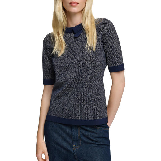 CHCH2025春夏新品女士夏季针织短袖薄T恤女性O领蝴蝶结设计时尚针织上衣 商品图1