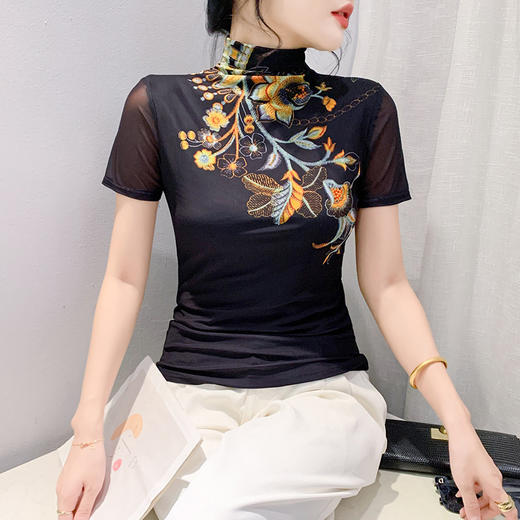 洋气半高领印花短袖网纱设计感上衣K-A55F8639 商品图1