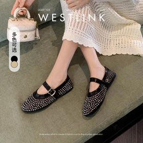 西遇绝美凉单鞋女新款夏季法式水钻网面透气镂空平底玛丽珍鞋V0156597