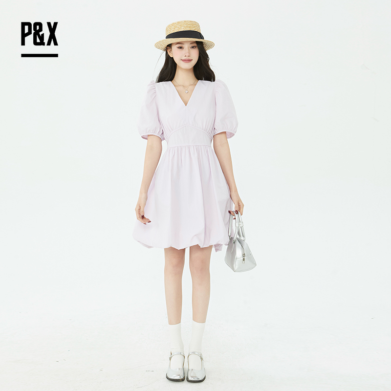 P&X设计师2025夏季新款V领优雅气质小众连衣短裙825208179 紫色