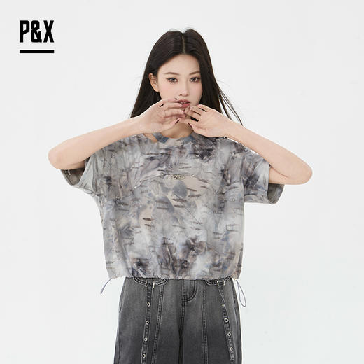 P&X设计师女装2025夏款扎染圆领复古水墨T恤825202266 灰色 商品图3