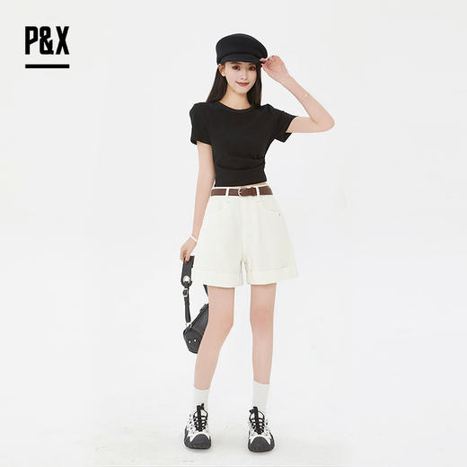 P&X设计师女装2025夏季时尚直筒百搭宽松牛仔短裤825227179 白色 商品图1