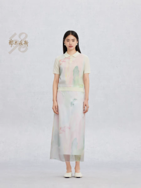 鄂尔多斯1980新品精纺羊毛蚕丝翻领玉石扣印花短袖女针织衫25春夏