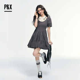 P&X设计师女装 撞色拼接假两件文艺针织连衣短裙 825208195 灰色