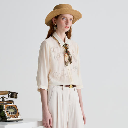 谜底衬衫分袖女2025夏季新品通勤宽松H型钉珠微透衬衣252MC0678 商品图1