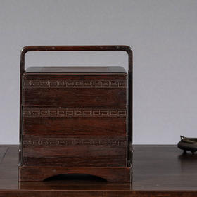 清 红木回纹三撞方形提梁盒