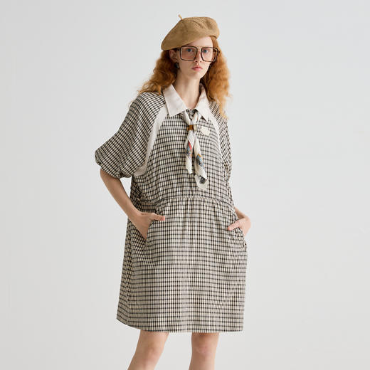 谜底连衣裙五分袖女2025夏季新品复古风通勤格纹中长裙252ML0677 商品图1