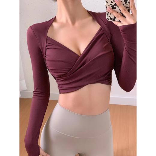 跃牌【洛水之神系列】带胸垫女瑜伽服性感交叉紧身长袖气质纯欲运动健身衣上衣HN184 商品图2