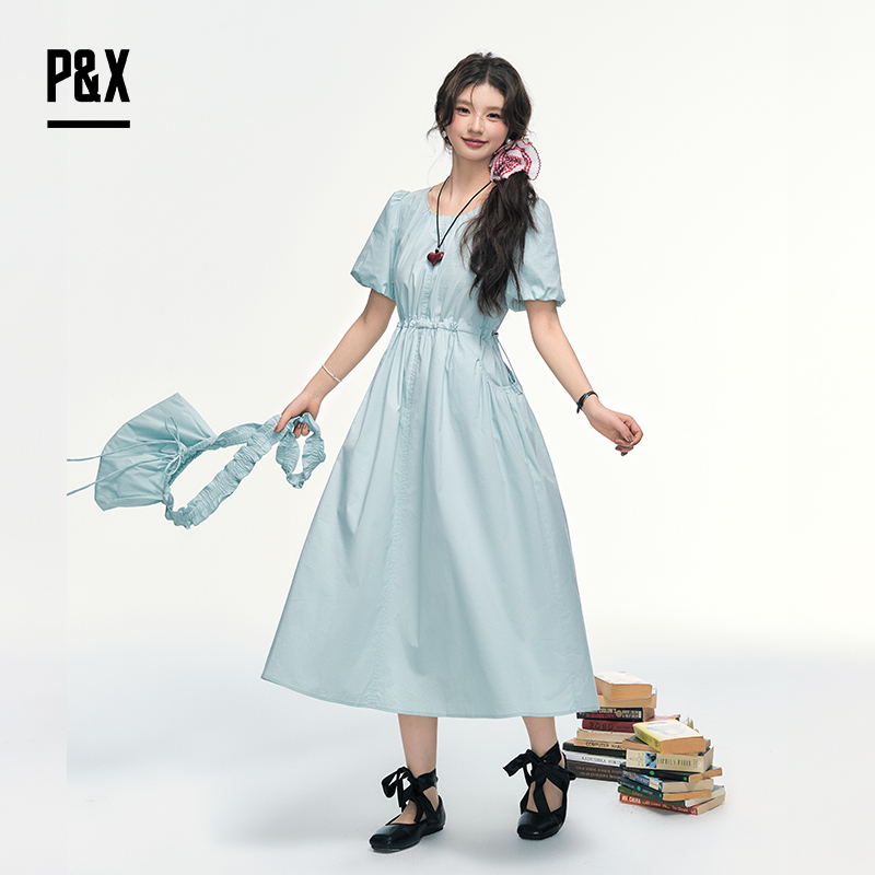 P&X设计师女装 法式少女感泡泡袖梭织连衣长裙收腰825208194 蓝色