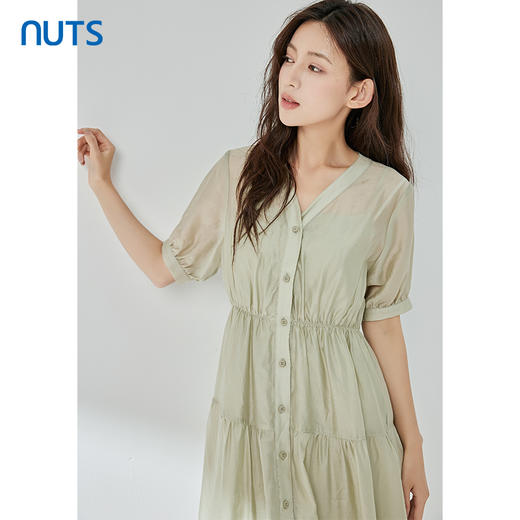 NUTS夏季新品时尚优雅修身气质V领收腰显瘦短袖连衣裙323101053B 商品图2