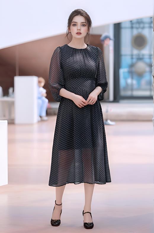 法式造型收腰碎褶连衣裙 商品图0