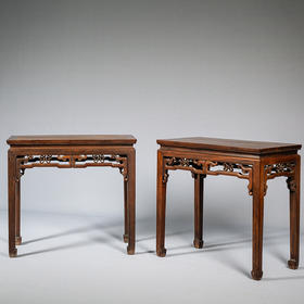 清 红木束腰马蹄腿拐子纹半桌（一对）