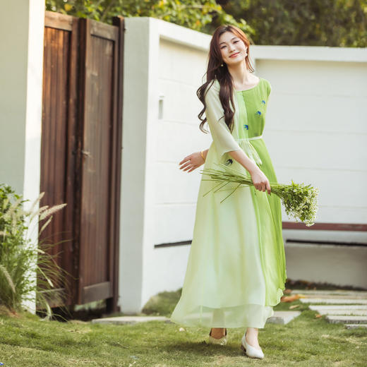 【林栖设计小店】（现货）【林栖推荐】2025年春夏新品浅绿色显瘦气质拼接真丝飞片连衣裙N1952298 商品图0