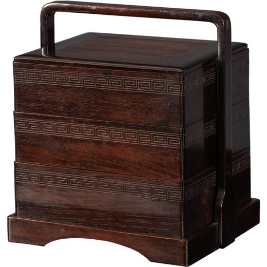 清 红木回纹三撞方形提梁盒 商品图5