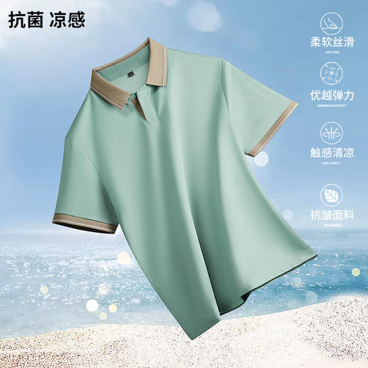 半身缘男装 夏季亚麻桑蚕丝海鸥领拼色抗菌凉感商务短袖POLO衫8236 商品图2