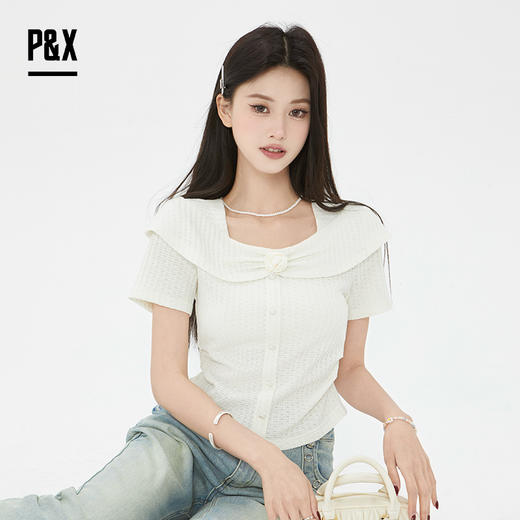 P&X设计师2025夏季百搭法式甜美小众T恤 825202225 杏色 商品图2