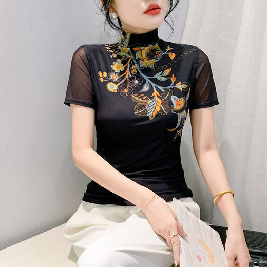 洋气半高领印花短袖网纱设计感上衣K-A55F8639 商品图2