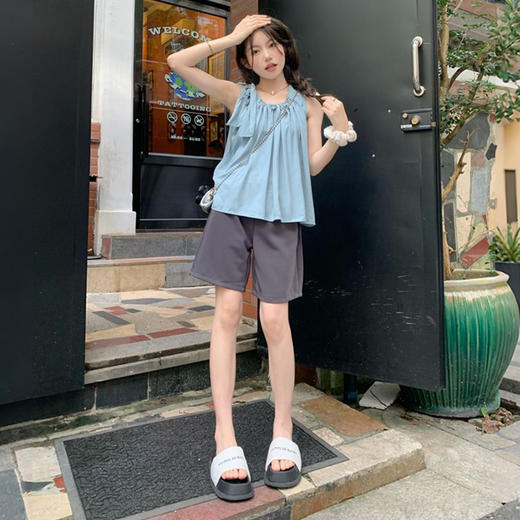 西遇法式吊带上衣女夏季新款系带蝴蝶结蓝色宽松薄款衬衣SS050549 商品图1